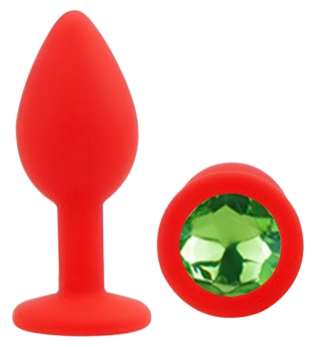Силіконова червона анальна пробка із зеленим кристалом EGZO Silicone Round Plug розмір S - 2