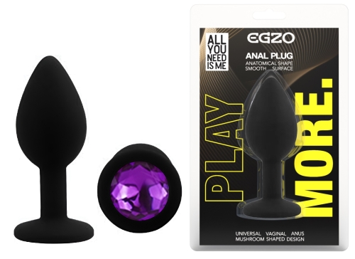 Силіконова чорна анальна пробка з фіолетовим кристалом EGZO Silicone Round Plug розмір S - 1