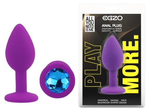Силіконова фіолетова анальна пробка із синім кристалом EGZO Silicone Round Plug розмір S - 1