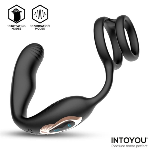 Вибромассажер для простаты с эрекционным кольцом с ротацией черный Intoyou Bruce Prostate Massager 360 - 2
