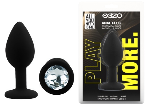 Силиконовая черная анальная пробка с прозрачным кристаллом EGZO Silicone Round Plug размер S - 1