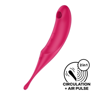 Двухсторонний вибратор с вакуумной стимуляцией клитора красного цвета Satisfyer Twirling Pro