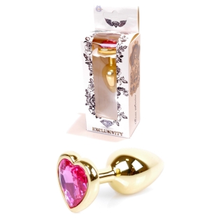 Анальная пробка S золотистого цвета с кристаллом в виде сердца малинового BOSS of TOYS Jewellery plug  