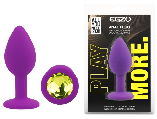 Силіконова фіолетова анальна пробка із салатовим кристалом EGZO Silicone Round Plug розмір S - 1