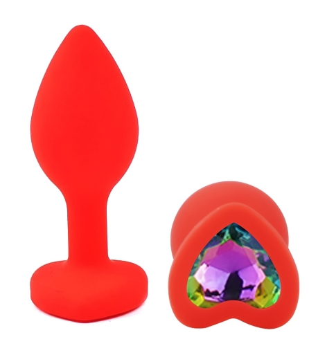 Силіконова червона анальна пробка з райдужним кристалом у формі серця EGZO Silicone Heart Plug розмір S - 2