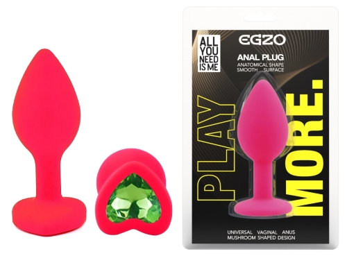 Силіконова рожева анальна пробка із зеленим кристалом у формі серця EGZO Silicone Heart Plug розмір S - 1