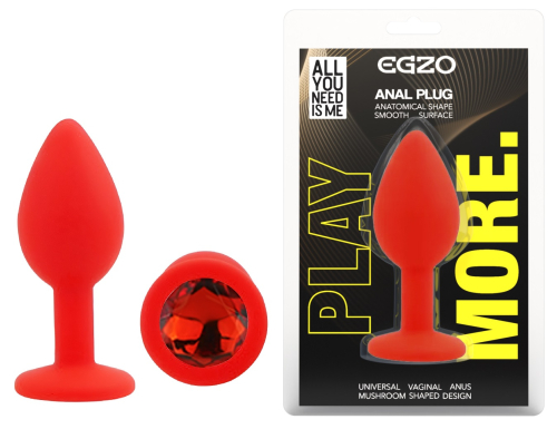 Силіконова червона анальна пробка із червоним кристалом EGZO Silicone Round Plug розмір S - 1