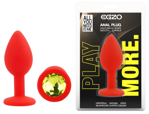 Силіконова червона анальна пробка із салатовим кристалом EGZO Silicone Round Plug розмір S - 1