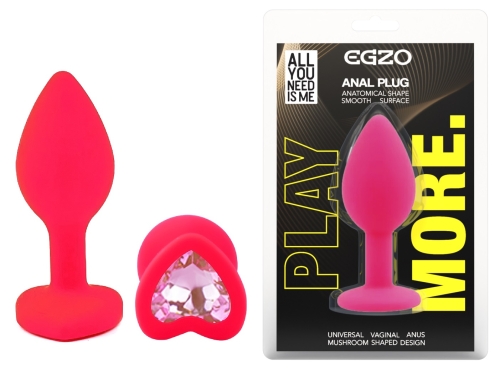 Силиконовая розовая анальная пробка с розовым кристаллом в форме сердца EGZO Silicone Heart Plug размер S - 1