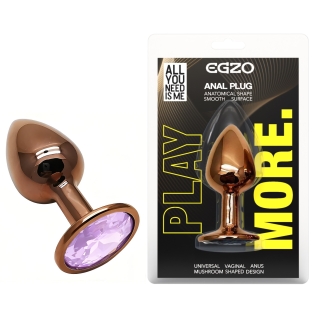 Анальная пробка золотистая из нержавеющей стали с сиреневым кристаллом EGZO Round Plug размер S