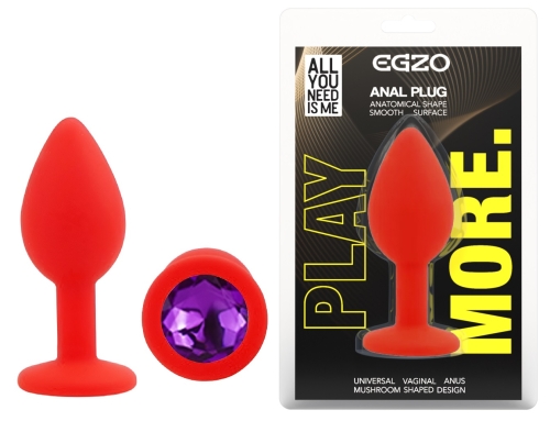 Силіконовий червоний анальний затор з фіолетовим кристалом EGZO Silicone Round Plug розмір S - 1
