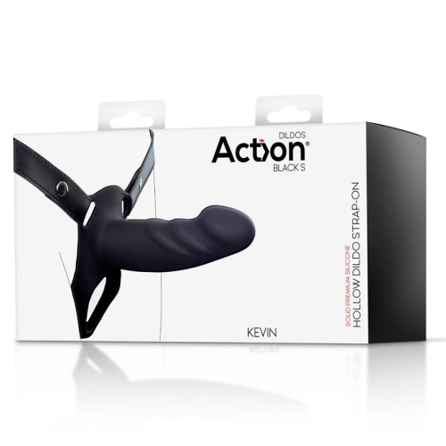 Ременной страпон для мужчин полый с петлей на мошонку черного цвета Action Strap-On Hollow Dildo Premium размер S - 2