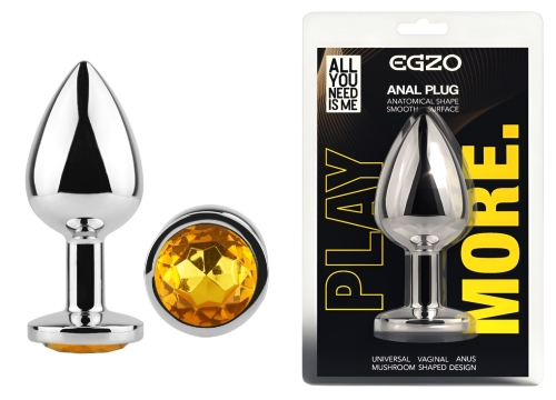Анальна пробка срібляста з нержавіючої сталі з золотистим кристалом EGZO Round Plug розмір M - 1