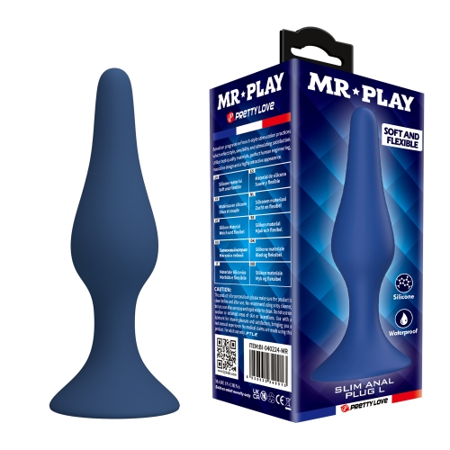 Анальная пробка на присоске силиконовая синяя LYBAILE MR.PLAY - Slim Anal Plug размер L - 1