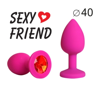 Силиконовая анальная пробка цвета фуксия с красным стразом Sexy Friend L 95 мм, D 40 мм