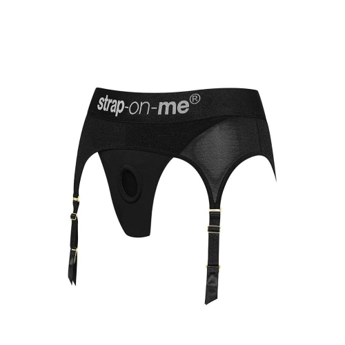 Трусики для страпону з підтяжками для панчох чорного кольору Strap On Me розмір L - 10