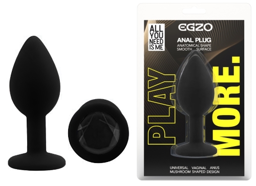 Силіконова чорна анальна пробка із чорним кристалом EGZO Silicone Round Plug розмір S - 1