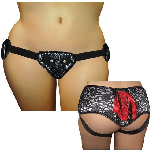 Трусы для страпона Sportsheets Plus серый и черный кружевной корсет Strap On - 1