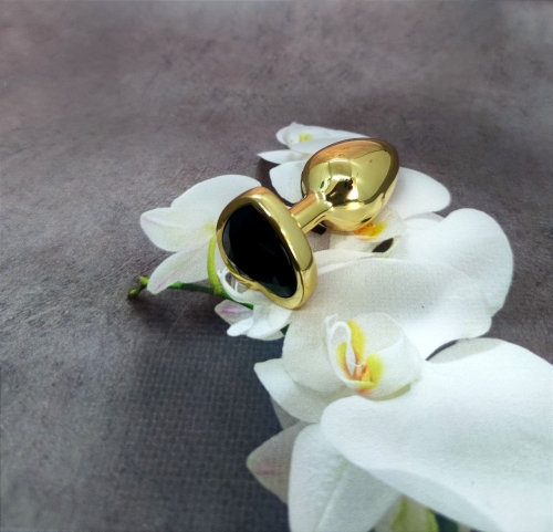 Анальний корок золотистого кольору з чорним камінчиком у формі серця Boss series Jewellery - 3