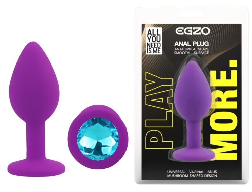 Силіконова фіолетова анальна пробка із блакитним кристалом EGZO Silicone Round Plug розмір S - 1