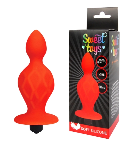 Анальна пробка гранована силіконова з обмежувачем і вібрацією SWEET TOYS Червона L 10 см d 2, 5x4, 5 см - 4