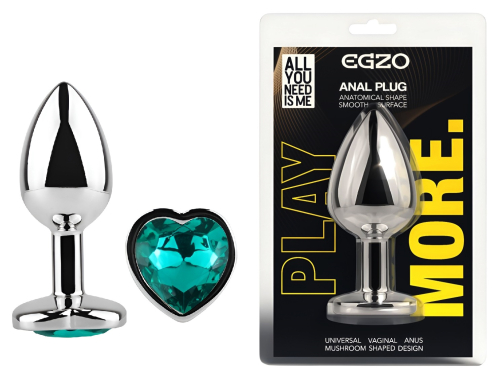 Анальная пробка серебристая из нержавеющей стали с кристаллом в форме сердца бирюзовым EGZO Heart Plug размер M - 1