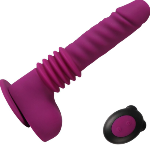 Вібратор на присосці силіконовий фіолетового кольору з пультом ДК Xise Isaiah thrusting dildo - 1
