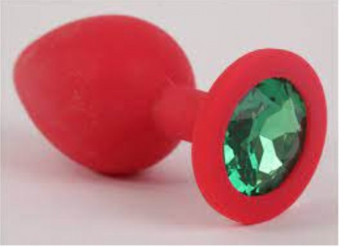 Анальна пробка силіконова червоного кольору із зеленим кристалом Crystal Emerald розмір S - 1