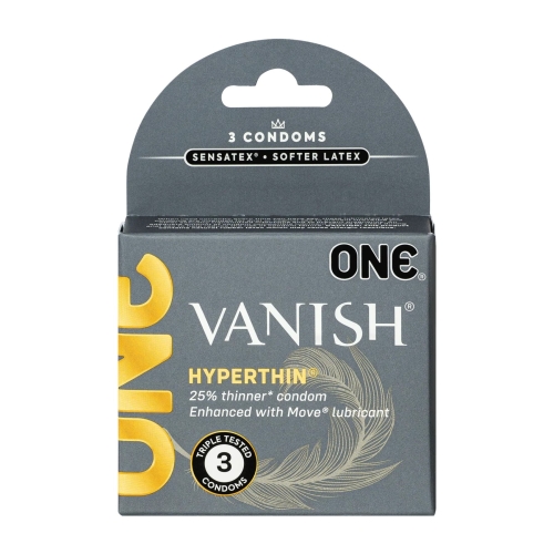 Презервативи з надтонкого латексу з преміальним силіконовим мастилом ONE Vanish Hyperthin 3 штуки - 1