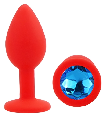 Силіконова червона анальна пробка із синім кристалом EGZO Silicone Round Plug розмір S - 2