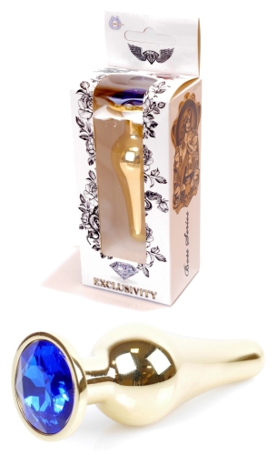 Анальна пробка золотистого кольору із кристалом синього кольору BOSS of TOYS Jewellery BUTT plug - 1