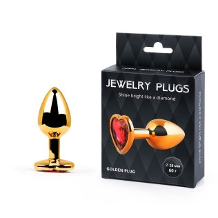 Втулка анальна золотиста з червоною стразою у формі серця Anal Jewelry Plugs L 70 мм D 28 мм