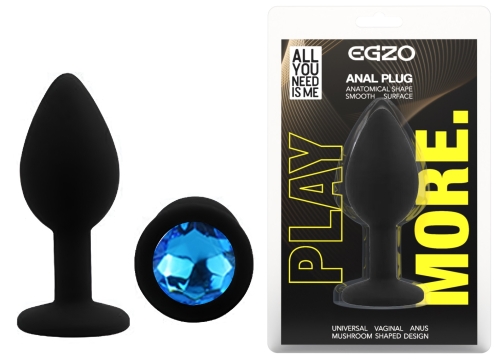 Силіконова чорна анальна пробка із синім кристалом EGZO Silicone Round Plug розмір S - 1