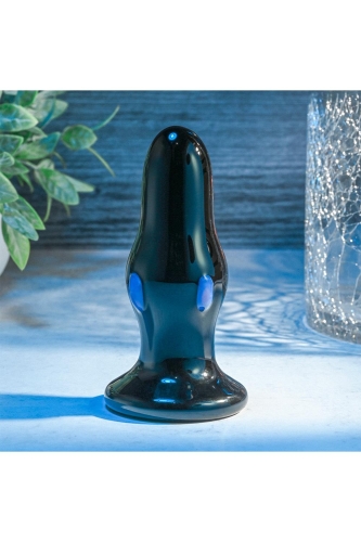Анальна скляна вібропробка чорного кольору Adam &amp;amp; Eve Rear rocker vibrating glass anal plug - 8