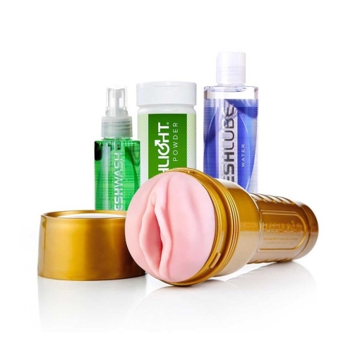 Набор из мастурбатора в колбе вагина телесного цвета и средств гигиены Fleshlight - 2