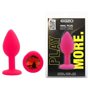 Силіконова рожева анальна пробка із червоним кристалом EGZO Silicone Round Plug розмір S