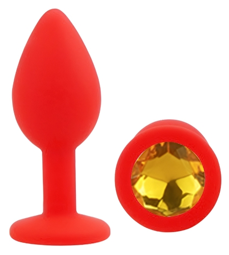 Силіконова червона анальна пробка із золотистим кристалом EGZO Silicone Round Plug розмір S - 2