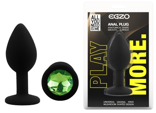 Силіконова чорна анальна пробка із зеленим кристалом EGZO Silicone Round Plug розмір S - 1