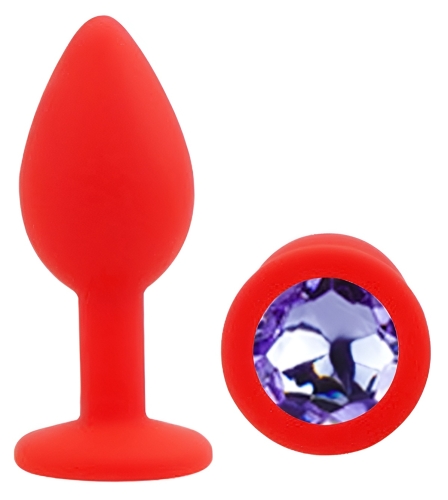 Силіконова червона анальна пробка із бузковим кристалом EGZO Silicone Round Plug розмір S - 2