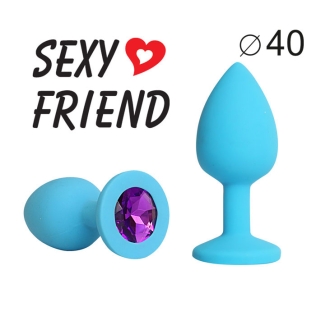 Анальная пробка силиконовая Sexy Friend голубая с фиолетовым кристаллом L 9,5 см D 4 см