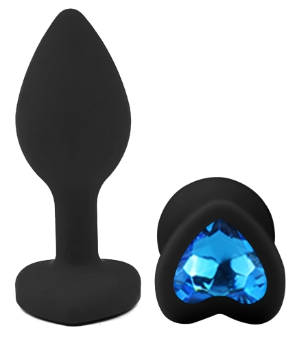 Силиконовая черная анальная пробка с синим кристаллом в форме сердца EGZO Silicone Heart Plug размер S - 2