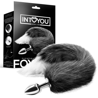 Анальная пробка с лисьим хвостом серого цвета с белым кончиком Intoyou Anal Plug Black White Foxy Tail