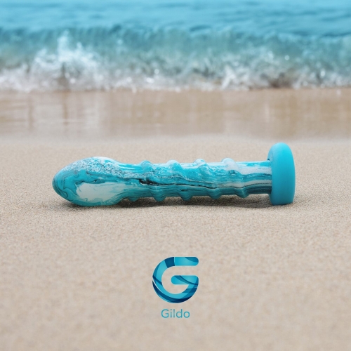 Рельефный стеклянный дилдо с силиконовым основанием голубой Gildo Ocean Wave - 7