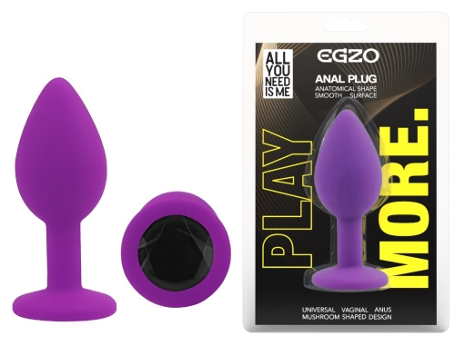 Силіконова фіолетова анальна пробка із чорним кристалом EGZO Silicone Round Plug розмір S - 1