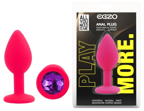 Силіконовий рожевий анальний затор з фіолетовим кристалом EGZO Silicone Round Plug розмір S - 1