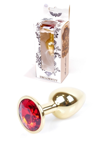 Анальний металевий затор золотистого кольору з червоним камінчиком Boss series Plug Jewellery Gold Plug Red розмір S - 1