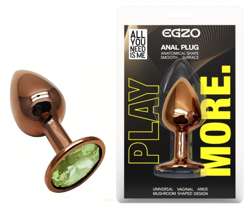 Анальна пробка золотиста з нержавіючої сталі із зеленим кристалом EGZO Round Plug розмір S - 1