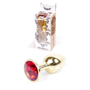 Анальная металлическая пробка золотистого цвета с красным камушком Boss series Plug Jewellery Gold Plug Red размер S