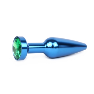 Синяя металлическая анальная пробка со стразом Anal Jewelry Plugs L 113 мм D 29 мм, вес 100г, цвет кристалла зелёный