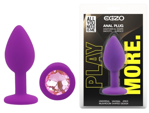Силіконова фіолетова анальна пробка з рожевим кристалом EGZO Silicone Round Plug розмір S - 1